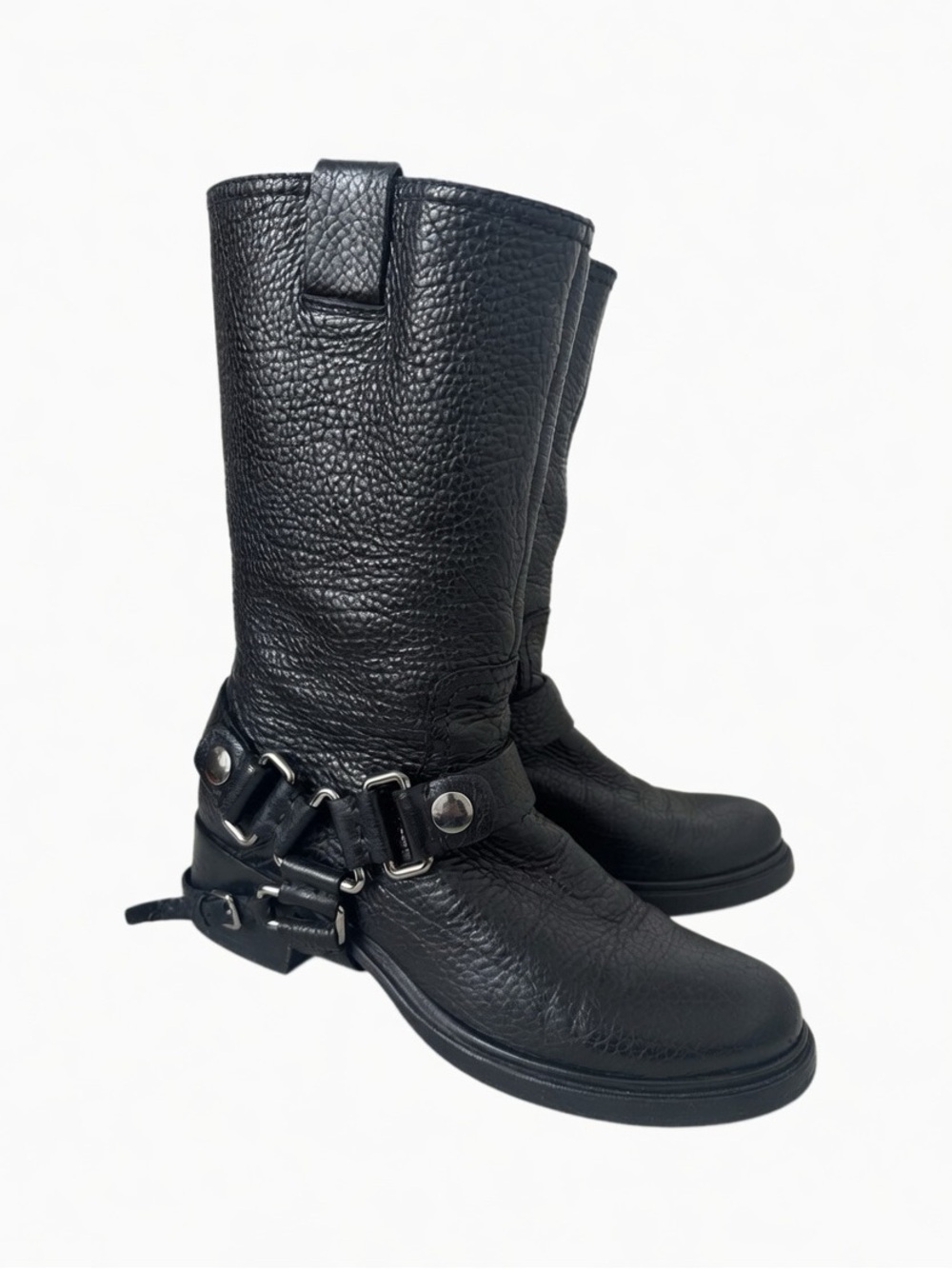 MIU MIU by PRADA Black Leather Harness Moto Boots